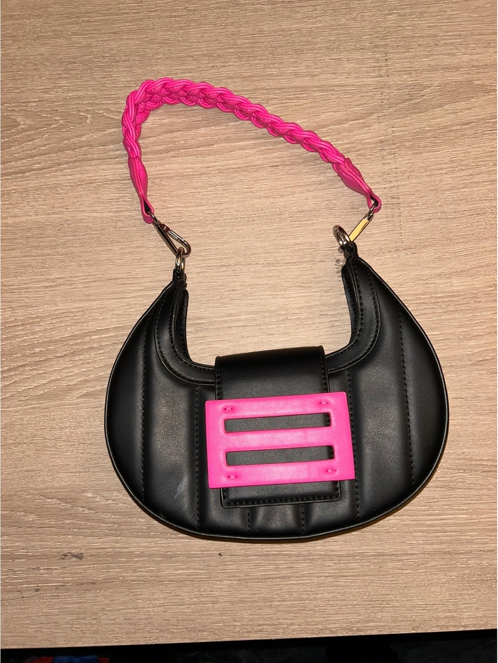 Women's Black Shoulder Bag with Pink Braided Strap and Bucke